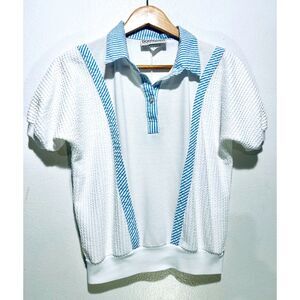 Donnkenny classic VTG polo shirt pullover seersucker contrast trim 80's women S
